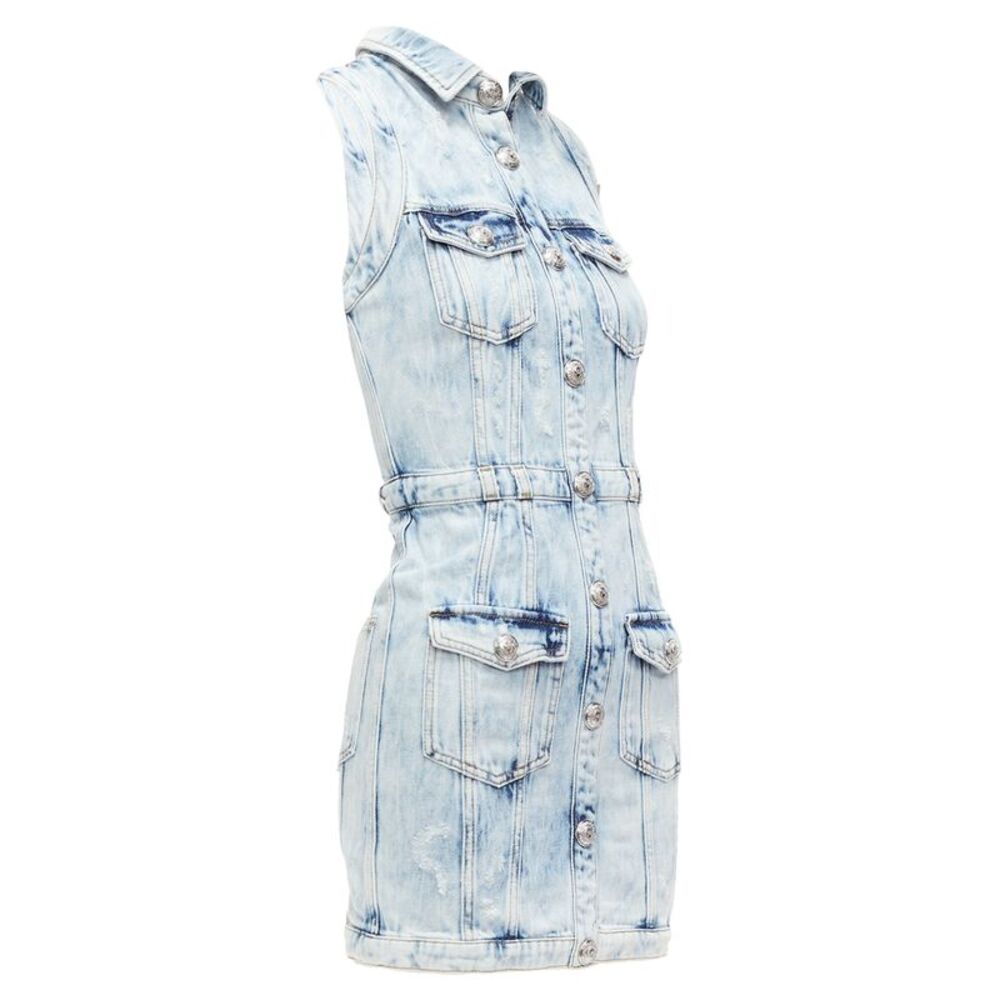 Balmain Distressed Denim Silver Buttons 4 Pocket Fitted Dress - Picture 3 of 6